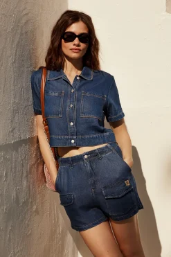 MONROW Soft Denim Cargo Short MEDIUMWASH Shop